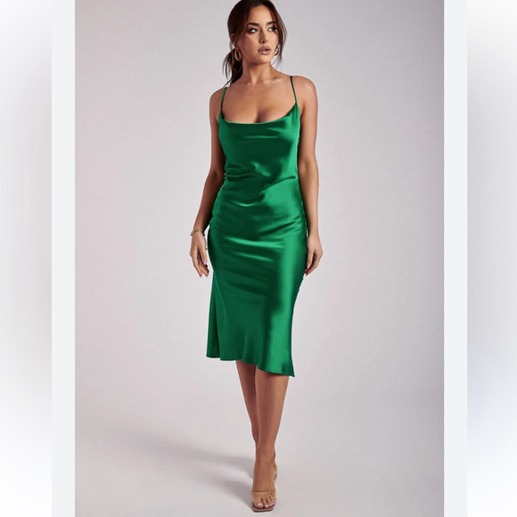 MESHKI Emerald Green Satin Slip Dress Side-Zip Midi, Small MESHKI Emerald Green Satin Slip Dress Side-Zip Midi, Small
